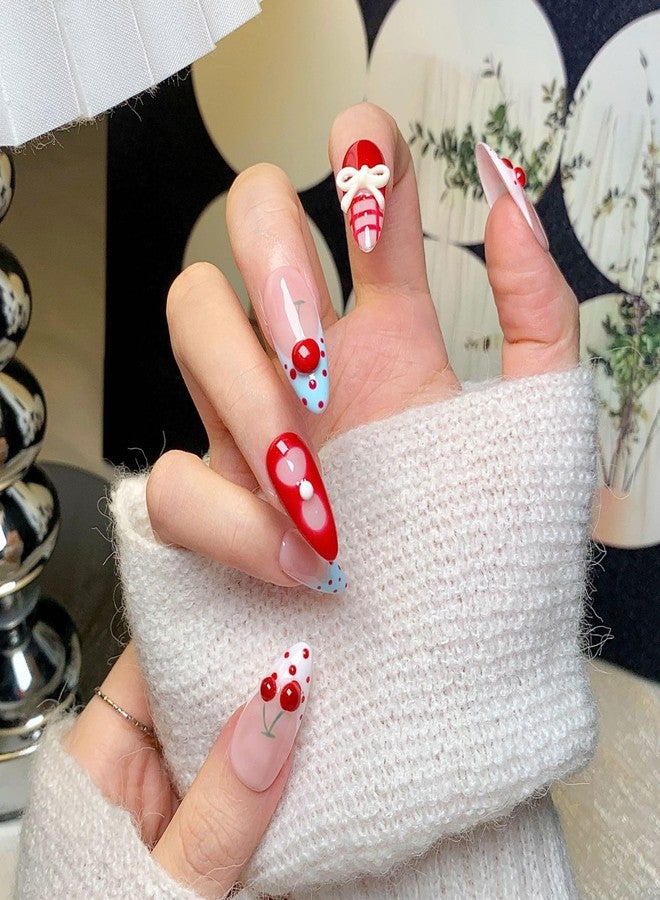 CTTHNBD Medium Press on Nails Almond - Handmade Fake Nails with 3D Bow Cherry Design - Red Full Cover Glue on False Nails for Women - (Size M) - Image 5